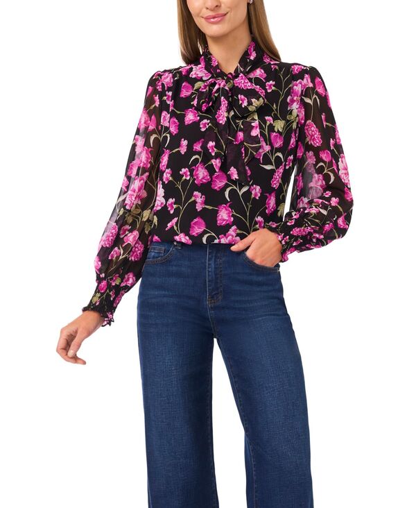 セセ レディース トップス シャツ シャーリング 長袖 CeCe Women's Long-Sleeve Keyhole Bow Tie Smocked Cuff Top Rich Black ブラック