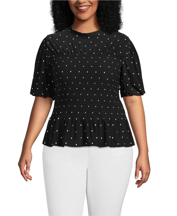ランズエンド レディース トップス シャツ モックネック プラスサイズ シルク シャーリング ニット Lands' End Plus Size Bubble Sleeve Silky Knit Smocked Mock Neck Top Black/ivory dot アイボリー