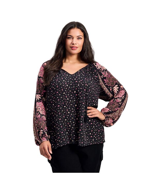 アベニュー レディース トップス シャツ プリント AVENUE Women's Eliana Border Print Sleeve Peasant Top Black ditsy border ブラック
