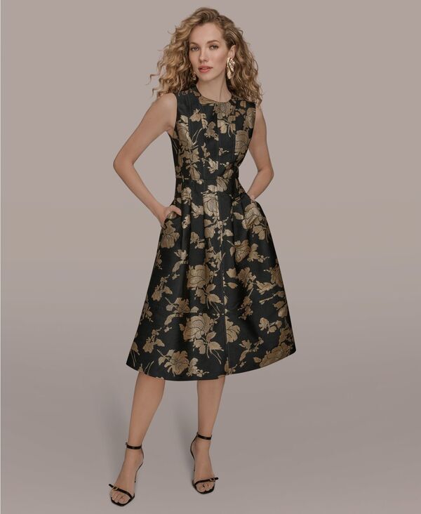 ダナ キャラン ニューヨーク レディース トップス ワンピース Donna Karan New York Women's Jacquard Fit and Flare Dress Black/Gold ブラック