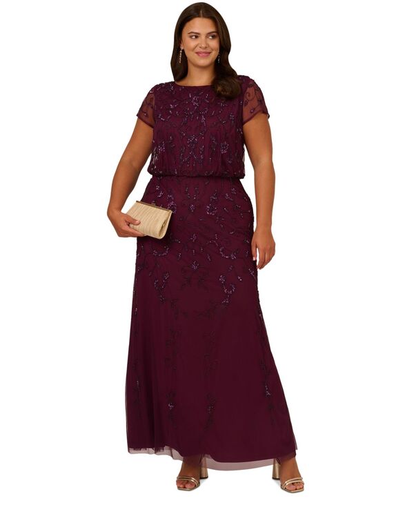 アドリアナ パペル レディース トップス ワンピース Adrianna Papell Women's Boat-Neck Beaded Blouson Gown 0P-24W Cassis 21,286円