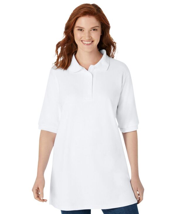 ウーマン ウィズイン レディース トップス シャツ ポロシャツ Woman Within Women's Within Elbow-Sleeve Polo Tunic White ホワイト