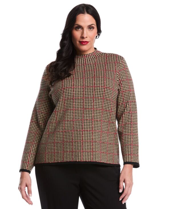 ラファエラ レディース アウター ニット・セーター モックネック プラスサイズ プリント セーター Rafaella Women's Plus Size Plaid Print Mock Neck Long Sleeve Sweater Rio Red レッド