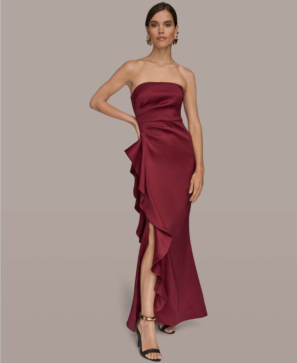 ダナ キャラン ニューヨーク レディース トップス ワンピース フリル ストラップレス Donna Karan New York Women's Strapless Side Ruffle Dress SANGRIA