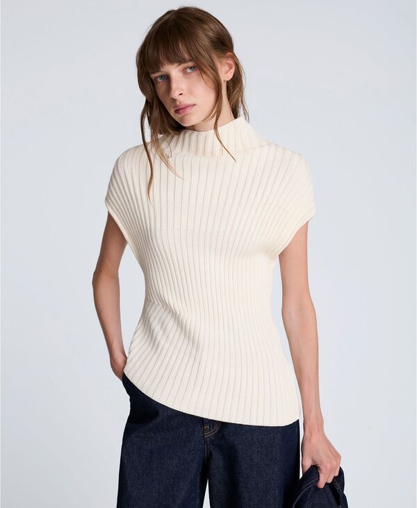 ケネスコール レディース アウター ニット・セーター モックネック アシンメトリー セーター Kenneth Cole Women's Asymmetric Rib Mock Neck Sweater Oyster