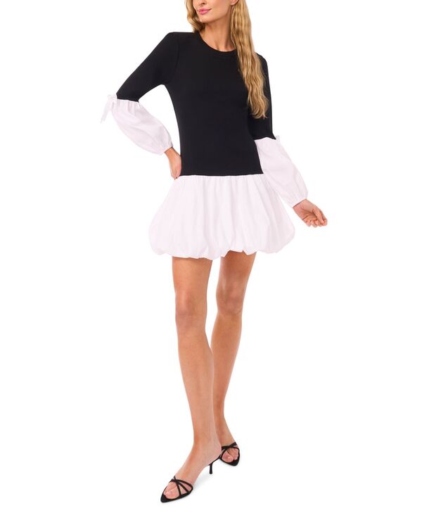 セセ レディース トップス シャツ リブニット ニット CeCe Women's Mix Media Rib Knit Balloon Long Sleeve Top Black/White ホワイト