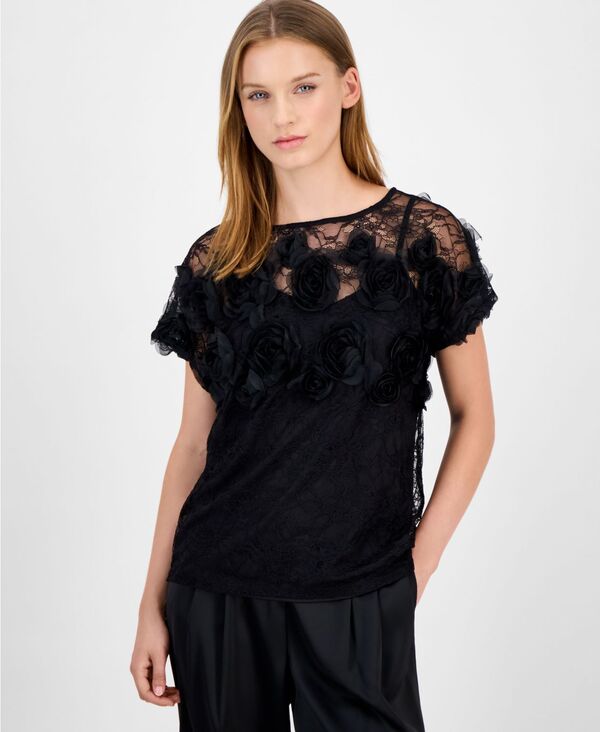 アンクライン レディース トップス シャツ プチ レース Anne Klein Petite Rosette Lace Boat-Neck Top Anne Black ブラック
