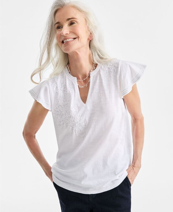 スタイルアンドコー レディース トップス シャツ プチ コットン 刺繍 ニット Style & Co Petite Cotton Embroidered Flutter-Sleeve Knit Top Bright White ホワイト 7,336円