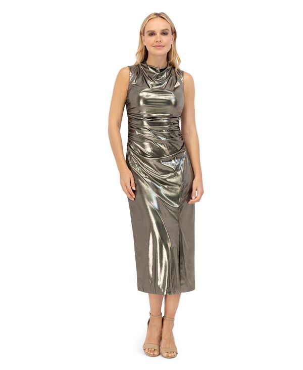 ヴィンスカムート レディース トップス ワンピース ミディワンピース プチ ミディ Vince Camuto Petite Side Ruche Foil Cowl Neck Midi Dress Silver シルバー