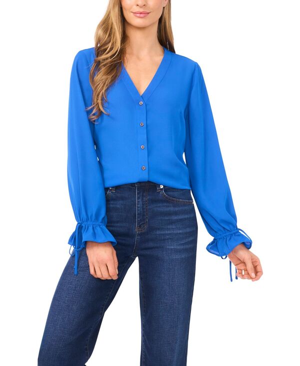 セセ レディース トップス シャツ Vネック ボタンダウン ダウン レース CeCe Women's V-Neck Button Down Lace Flounce Trim Top Cobalt Petal コバルト