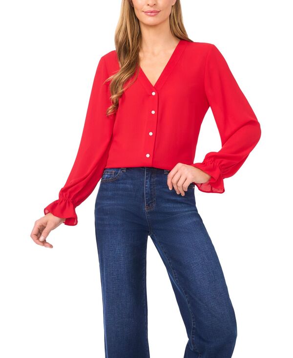 セセ レディース トップス シャツ Vネック ボタンダウン ダウン レース CeCe Women's V-Neck Button Down Lace Flounce Trim Top Red レッド