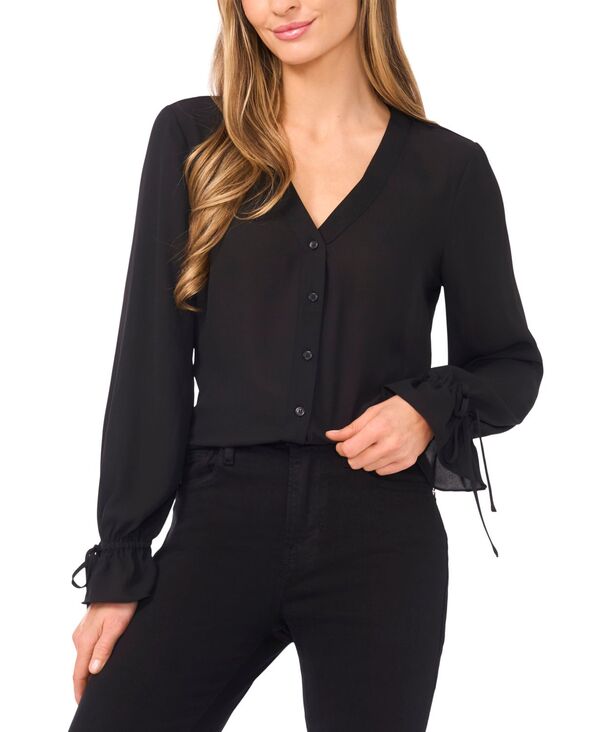 セセ レディース トップス シャツ Vネック ボタンダウン ダウン レース CeCe Women's V-Neck Button Down Lace Flounce Trim Top Rich Black ブラック