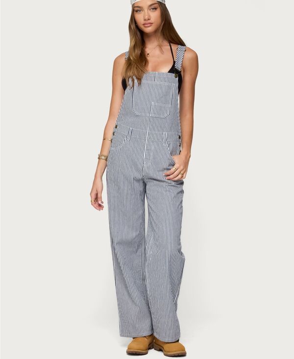 アディクテッド レディース ボトムス カジュアルパンツ オーバーオール デニム Edikted Women's Tamsin Striped Denim Overalls Navy-and-white ホワイト｜ReVida 店