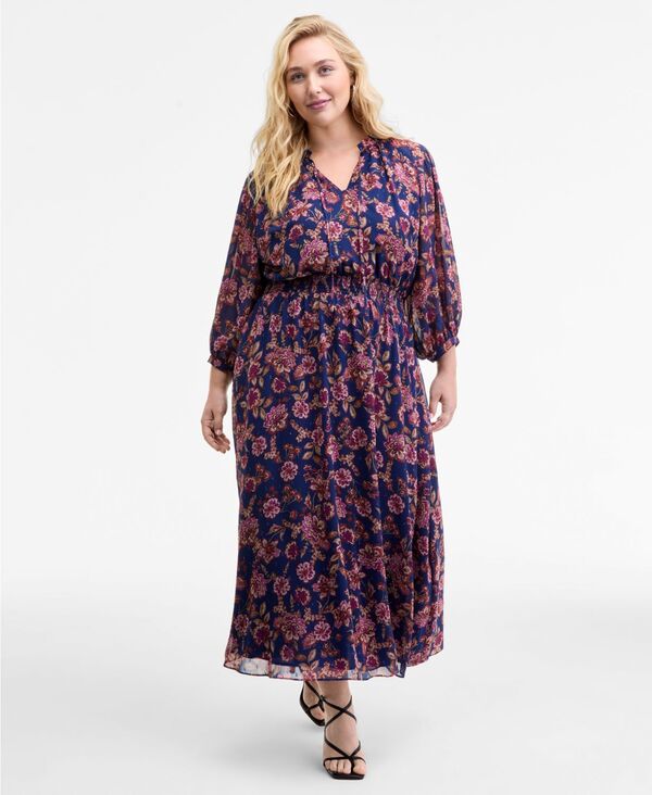 ヴィンスカムート レディース トップス ワンピース マキシワンピース プリント パフスリーブ マキシ Vince Camuto Women's Printed Tie-Neck Puff-Sleeve Maxi Dress XXS-3X Deep Sky