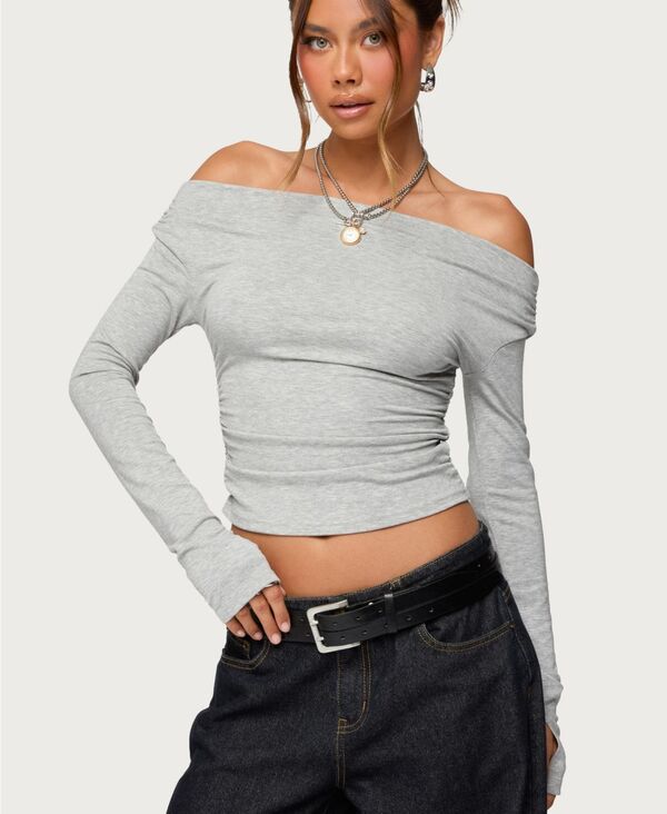 アディクテッド レディース トップス シャツ ギャザー リブ Edikted Women's Milane Ruched Off Shoulder Ribbed Top Gray-melange グレー