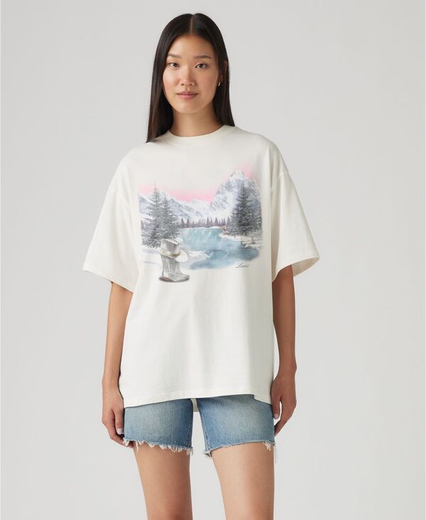 リーバイス レディース トップス シャツ Tシャツ グラフィック Levi's Women's Graphic Short Stack T-Shirt Silver Cowboy By The Lake Egret シルバー