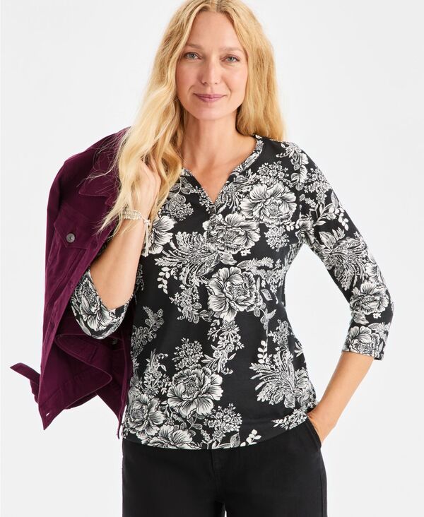 スタイルアンドコー レディース トップス シャツ フラワー柄 プチ Tシャツ フラワー Style & Co Petite Holiday Floral 3/4-Sleeve Henley Tee Deep Black Combo ブラック