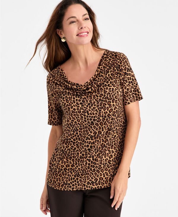 ジェイエムコレクション レディース トップス シャツ プリント JM Collection Women's Leopard-Print Cowl-Neck Top Toffee Bits Combo アニマル