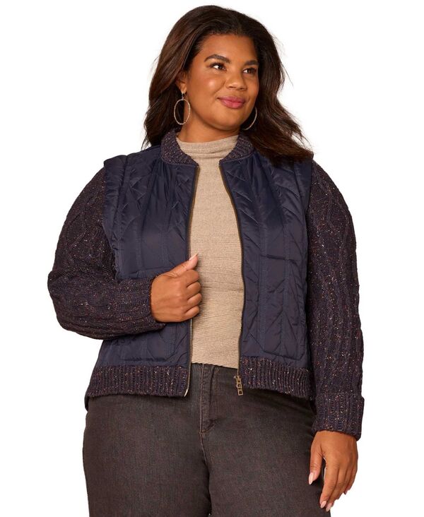 デモクラシー レディース アウター ジャケット・ブルゾン プラスサイズ キルティング ベスト ジャケット Democracy Plus Size Stand Collar Quilted Vest Zip Jacket Navy ネイビー