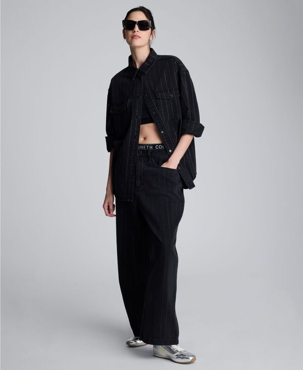 ケネスコール レディース トップス シャツ Kenneth Cole Women's Long Sleeve Shacket Shirt Nickel/Silver Stripe シルバー｜ReVida 店