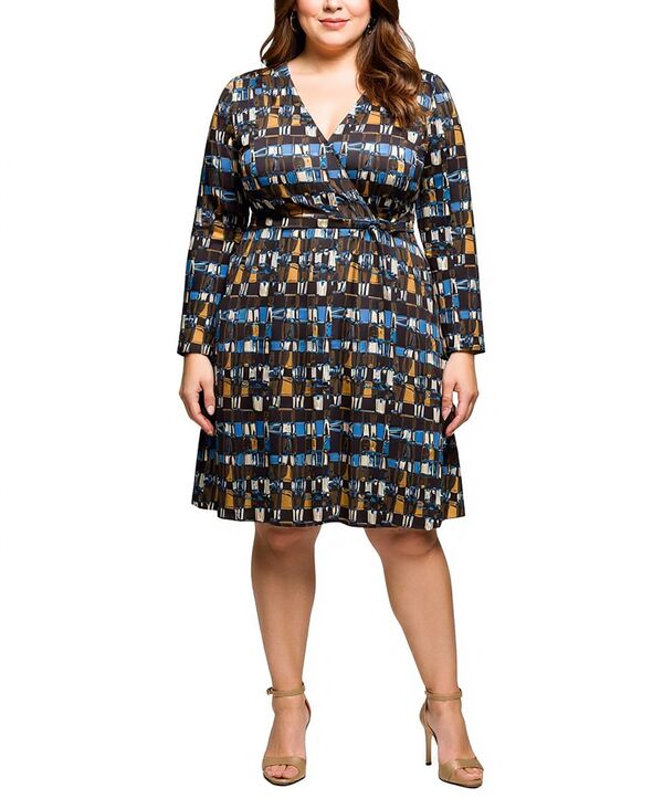 24 セブンコンフォート レディース トップス ワンピース プラスサイズ 24seven Comfort Apparel Plus Size Long Sleeve Wrap with Belt Dress Brown Multi ブラウン