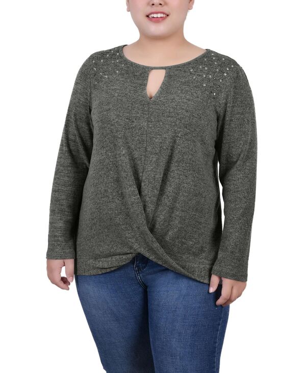 ニューヨークコレクション レディース トップス シャツ プラスサイズ ニット NY Collection Women's Plus Size Long Sleeve Knit Keyhole Top Olive オリーブ｜ReVida 店