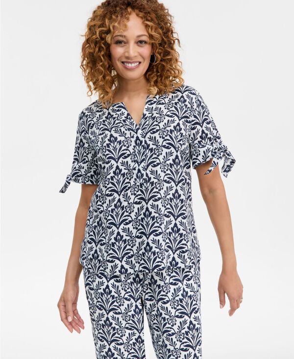 チャータークラブ レディース トップス シャツ リネン Charter Club Women's 100% Linen Tile Tie-Cuff Split-Neck Top Blue ブルー