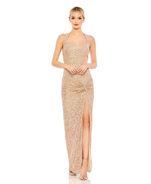 マックダガル レディース トップス ワンピース スパンコール ホルター Mac Duggal Women's Sequined Halter Strap Low Side Knot Gown Rose gold ゴールド|ReVida 店
