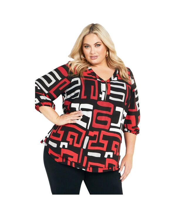 アベニュー レディース トップス シャツ AVENUE Women's Meila Zip Top Black red geo ブラック