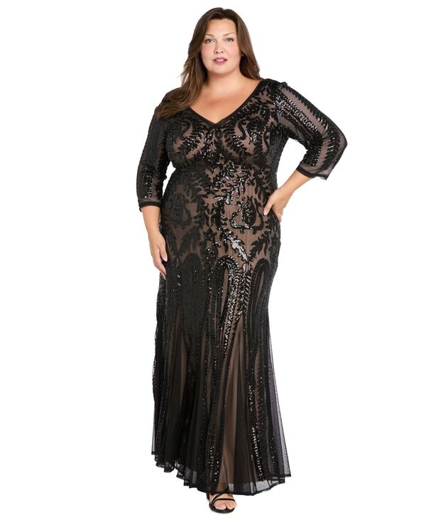 アールアンドエムリチャーズ レディース トップス ワンピース プラスサイズ コントラスト R & M Richards Plus Size Contrast Lining Beaded Dress Black Nude ブラック