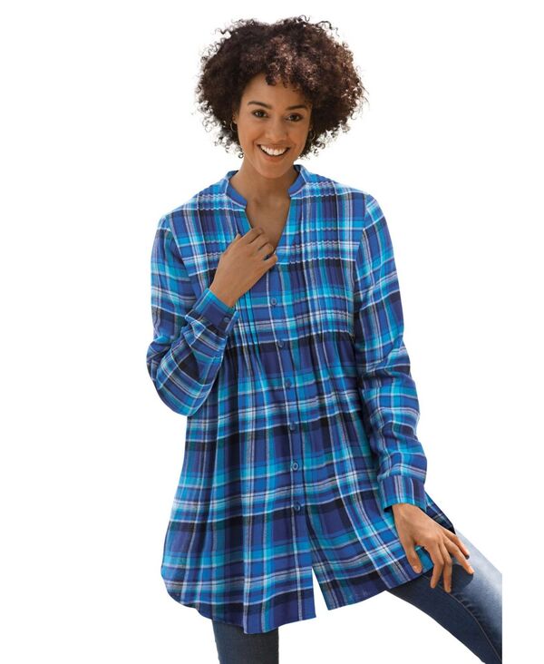 ウーマン ウィズイン レディース トップス シャツ Woman Within Women's Within Pintucked Flannel Shirt Bright cobalt plaid コバルト｜ReVida 店