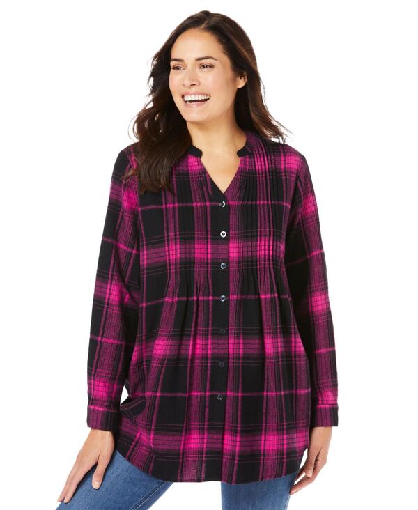 ウーマン ウィズイン レディース トップス シャツ Woman Within Women's Within Pintucked Flannel Shirt Pink black plaid ブラック