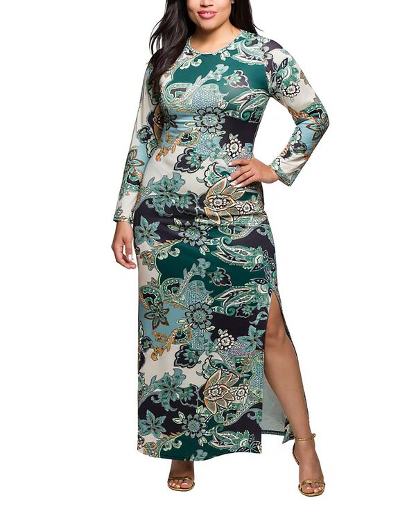 24 セブンコンフォート レディース トップス ワンピース サイドスリット マキシワンピース プラスサイズ プリント マキシ 24seven Comfort Apparel Plus Size Green Paisley Print Long Sleeve Side Slit Maxi Dress Green Multi グリーン