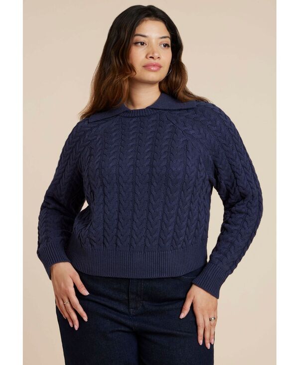 エロクイ レディース アウター ニット・セーター セーター ニット ELOQUII Women's Cableknit Sweater With Wide Collar Rich navy ネイビー