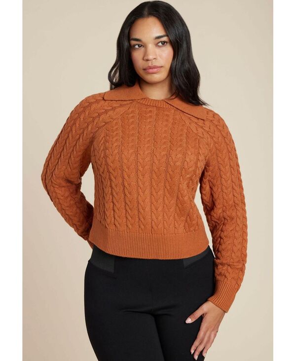 エロクイ レディース アウター ニット・セーター セーター ニット ELOQUII Women's Cableknit Sweater With Wide Collar Rustic brown ブラウン