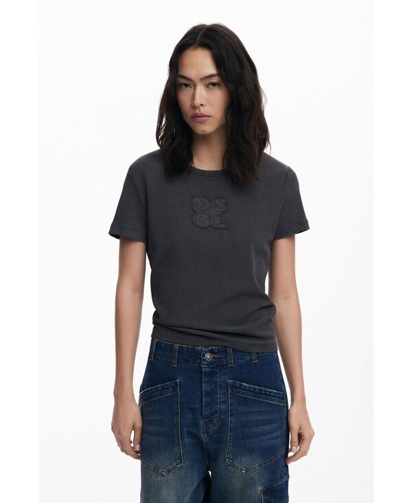 デジグアル レディース トップス シャツ Tシャツ ロゴ Desigual Women's Logo T-shirt with rips Black ブラック|ReVida 店