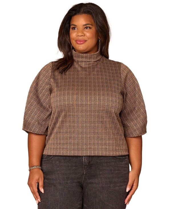 デモクラシー レディース トップス シャツ モックネック プラスサイズ プリーツ Democracy Plus Size Pleated Elbow Sleeve Mock Neck Crop Top Brown Multi ブラウン