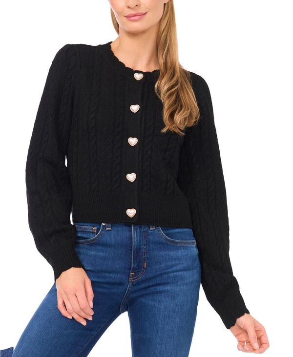 セセ レディース アウター ニット・セーター クルーネック セーター カーディガン CeCe Women's Crewneck Heart Button Pointelle Cardigan Sweater Rich Black ブラック