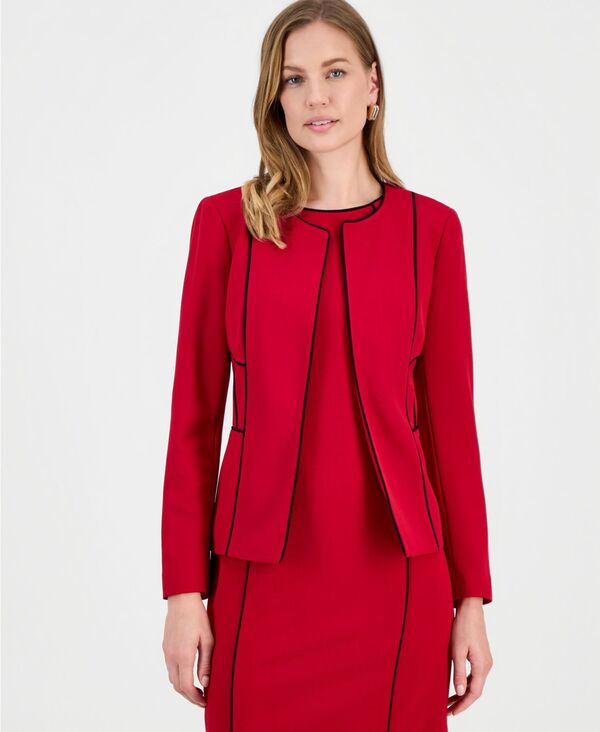 カスパール レディース アウター ジャケット・ブルゾン コントラスト ジャケット Kasper Women's Contrast Piping Open-Front Jacket Fire Red/black ブラック