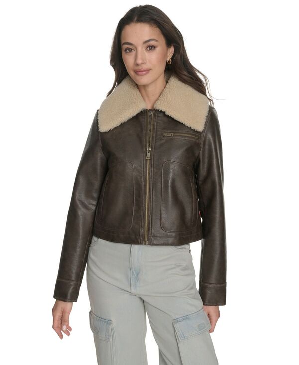 リーバイス レディース アウター パーカー・スウェット レザー フェイクレザー ジャケット Levi's Women's Regular Faux Leather Aviator Jacket Brown ブラウン｜ReVida 店 16,635円