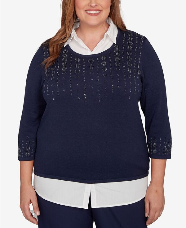 アルフレッド ダナー レディース アウター ニット・セーター プラスサイズ トール セーター Alfred Dunner Plus Size Saratoga Springs Metallic Studded Textured Two in One Sweater Navy ネイビー