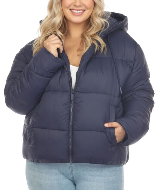 ホワイトマーク レディース アウター ジャケット・ブルゾン プラスサイズ キルティング ジャケット White Mark Plus Size Quilted Puffer Crop Jacket with Hood Navy ネイビー