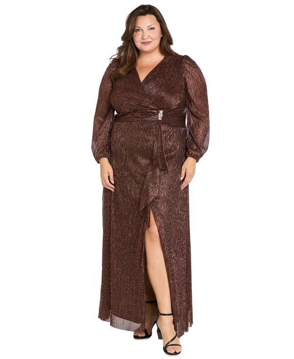 アールアンドエムリチャーズ レディース トップス ワンピース プラスサイズ プリーツ フリル R & M Richards Plus Size Crinkle Pleated Long Sleeve Ruffle Cascade Dress Copper