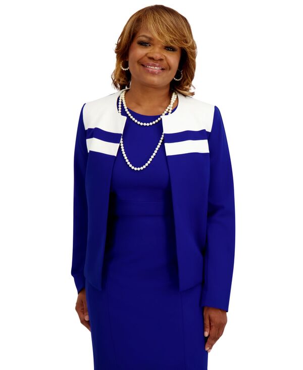 カスパール レディース アウター ジャケット・ブルゾン プラスサイズ 長袖 ジャケット Kasper Women's Combo Yoke Long-Sleeve Jacket Regular and Plus Size Royal Blue/ Signal White ホワイト