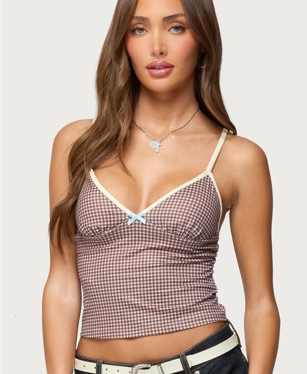 アディクテッド レディース トップス シャツ ギンガムチェック コントラスト ギンガム Edikted Women's Bettie Contrast Gingham Tank Top Brown ブラウン|ReVida 店