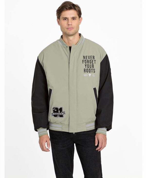 ゲス メンズ アウター ジャケット・ブルゾン GUESS Men's Regular-Fit Varsity Bomber Jacket Moss Green/Black ブラック