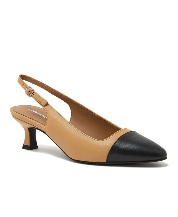 ランズ挙げ句の果て レディース シューズ パンプス 旗がしら なめし革 踵 Lands\u0027 End Women\u0027s Leather Slingback Cap Toe Kitten Heels Tan/black 黒いこと