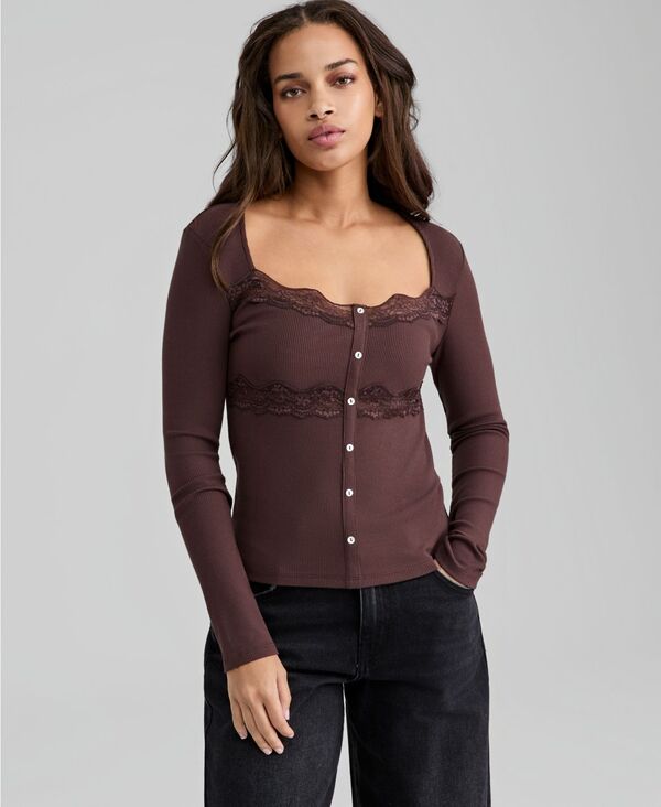 アンドノウディス レディース トップス シャツ リブ レース ニット And Now This Women's Lace-Trim Ribbed-Knitop Decadent Fudge