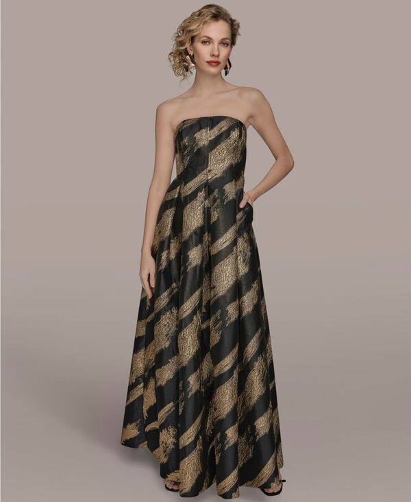ダナ キャラン ニューヨーク レディース トップス ワンピース トール ストラップレス Donna Karanew York Women's Metallic Jacquard Strapless Ball Gown Black/Gold ブラック