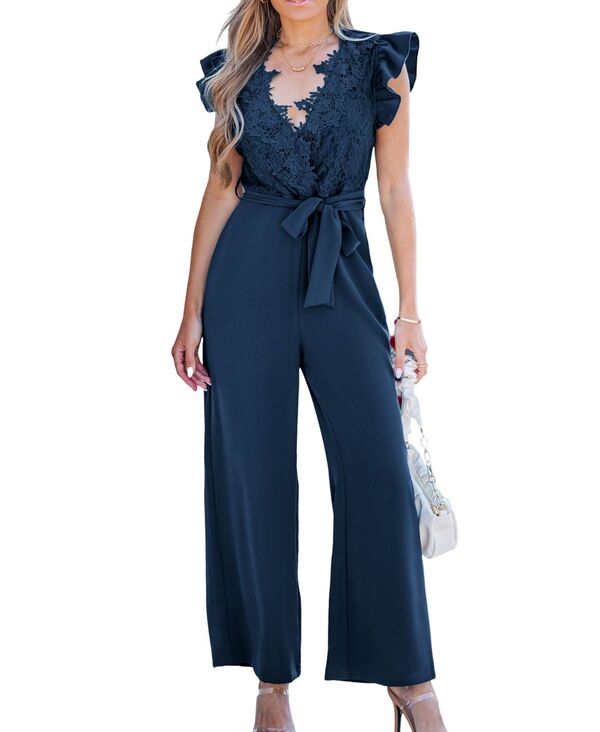 カップシー レディース トップス ジャンプスーツ Vネック フリル レース Cupshe Women's Lace Ruffle Sleeve V-Neck Jumpsuit Dark blue ブルー